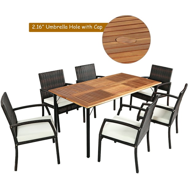 Costway 7 Pieces Patio Rattan Dining Set Chair Wooden Table Top With Umbrella Hole Com - Plastic Patio Table And Chairs With Umbrella Hole