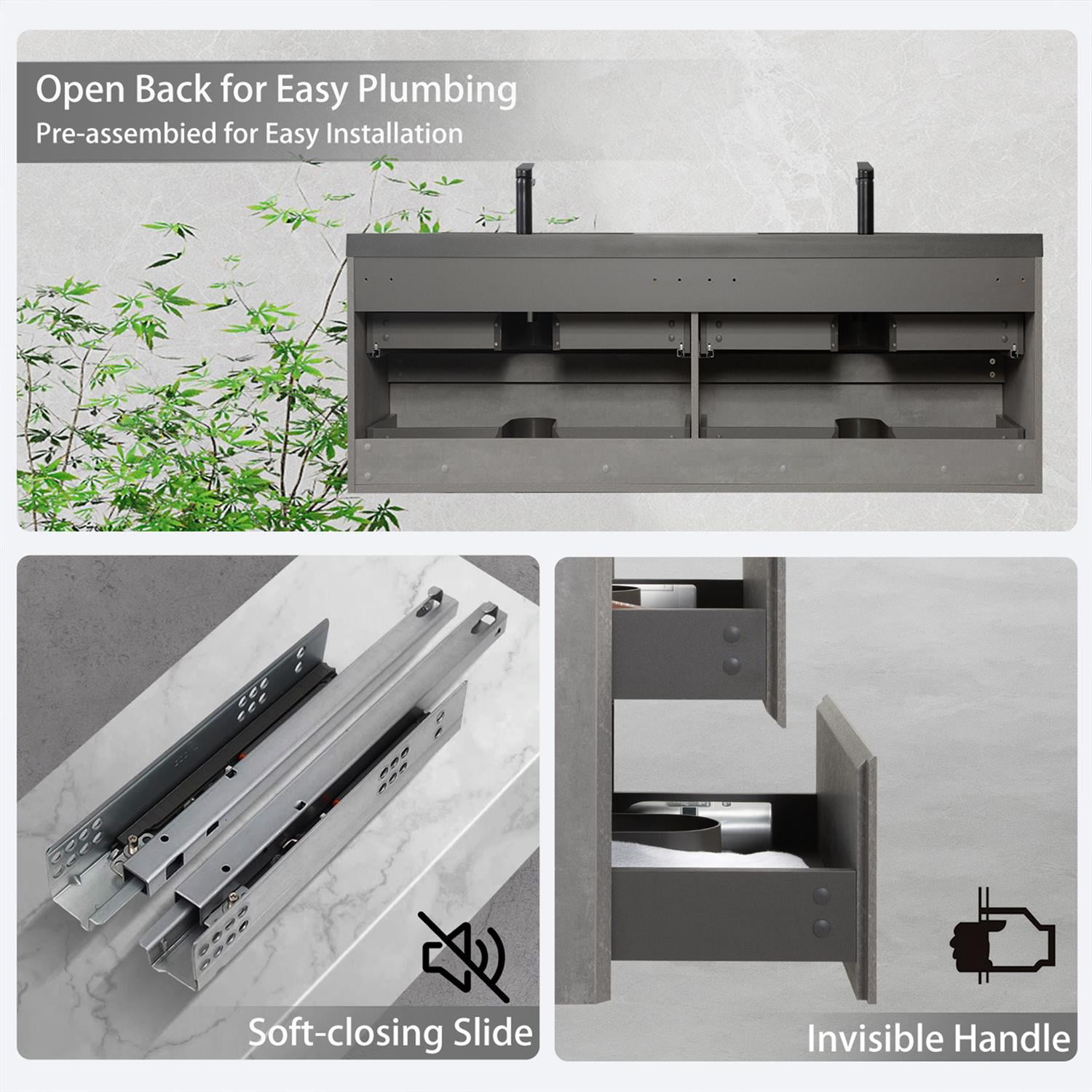 Demi Bonn 59" Floating Bathroom Vanity with Sink, Double Black Quartz Sand Top Basin and 4 Soft Close Drawers, Faucets and Drains Not Included, Gray