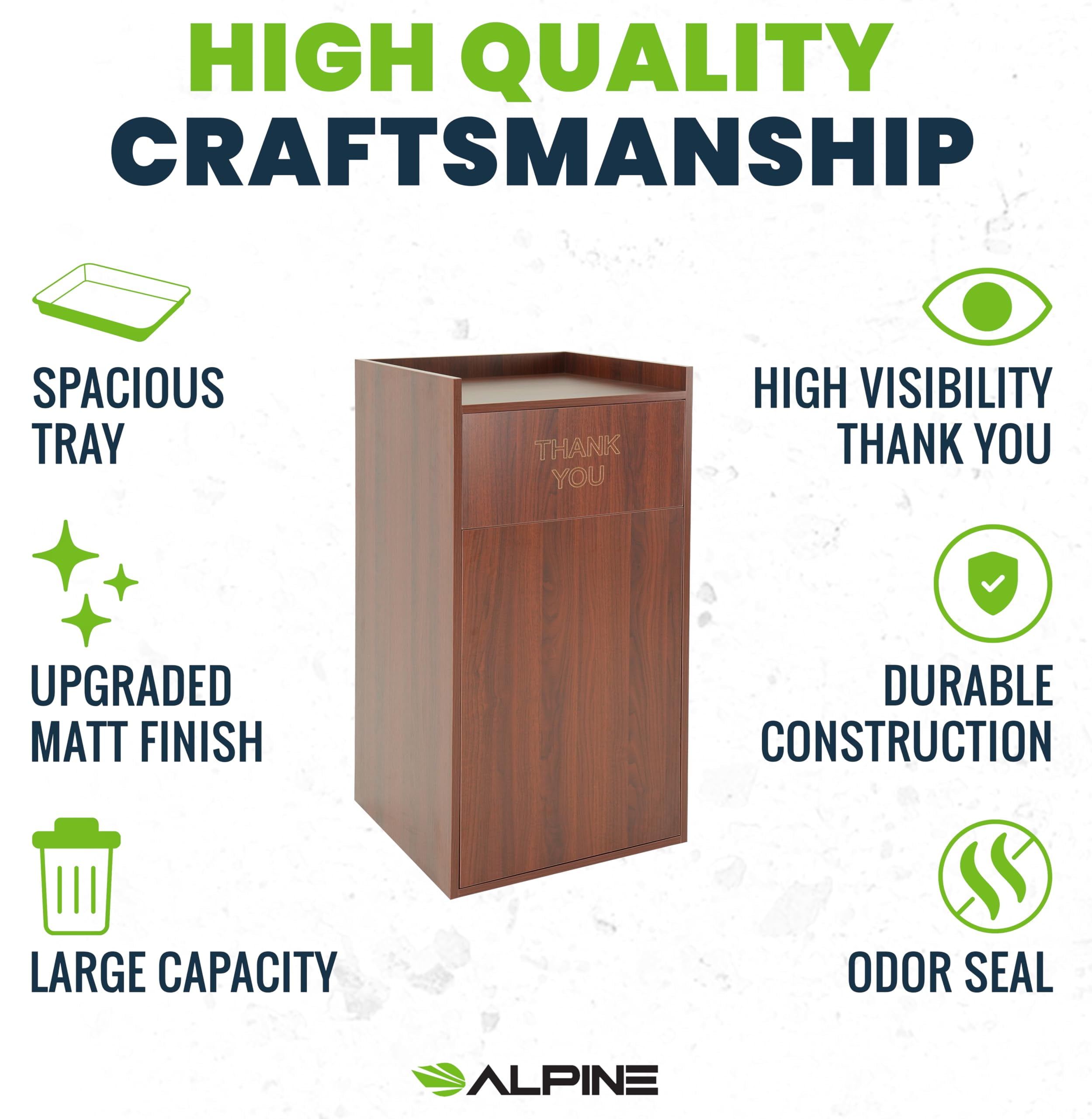 Alpine Restaurant Trash Can Cabinet - Thank You Trash Can Commercial Trash Can 40 Gallon, Garbage Receptacle with Tray Holder for Restaurants, Cafeterias (Mahogany)