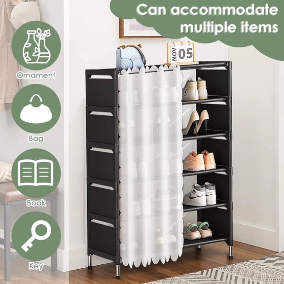 6 Tier Shoe Rack with Privacy Curtain, Dust-Proof Shoe Organiser Sturdy for Wardrobe Entrances, Hallways (Black)