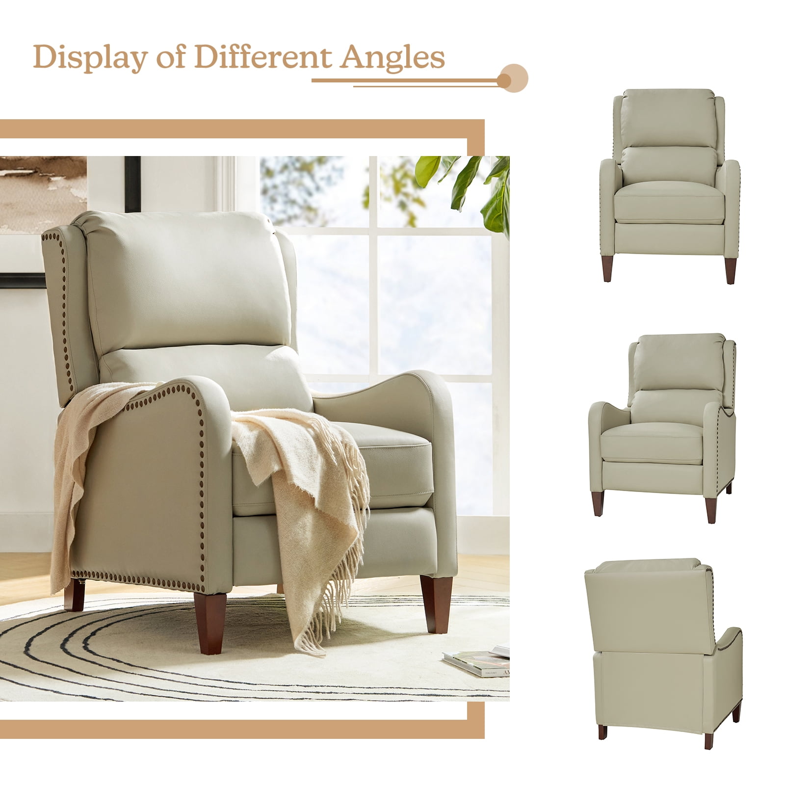 Genuine Leather Recliner Chair Push Back Upholstered Armchair Wingback Lounge Sofa Wood Leg Home Decor Living Room Beige