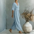 thumbnail image 4 of Moxiu Women's Elegant V Neck Jumpsuits Plus Size Dressy Casual Half Sleeve Wide Leg Long Pants Rompers Formal Office Work Overalls Light Blue,XXXL, 4 of 7