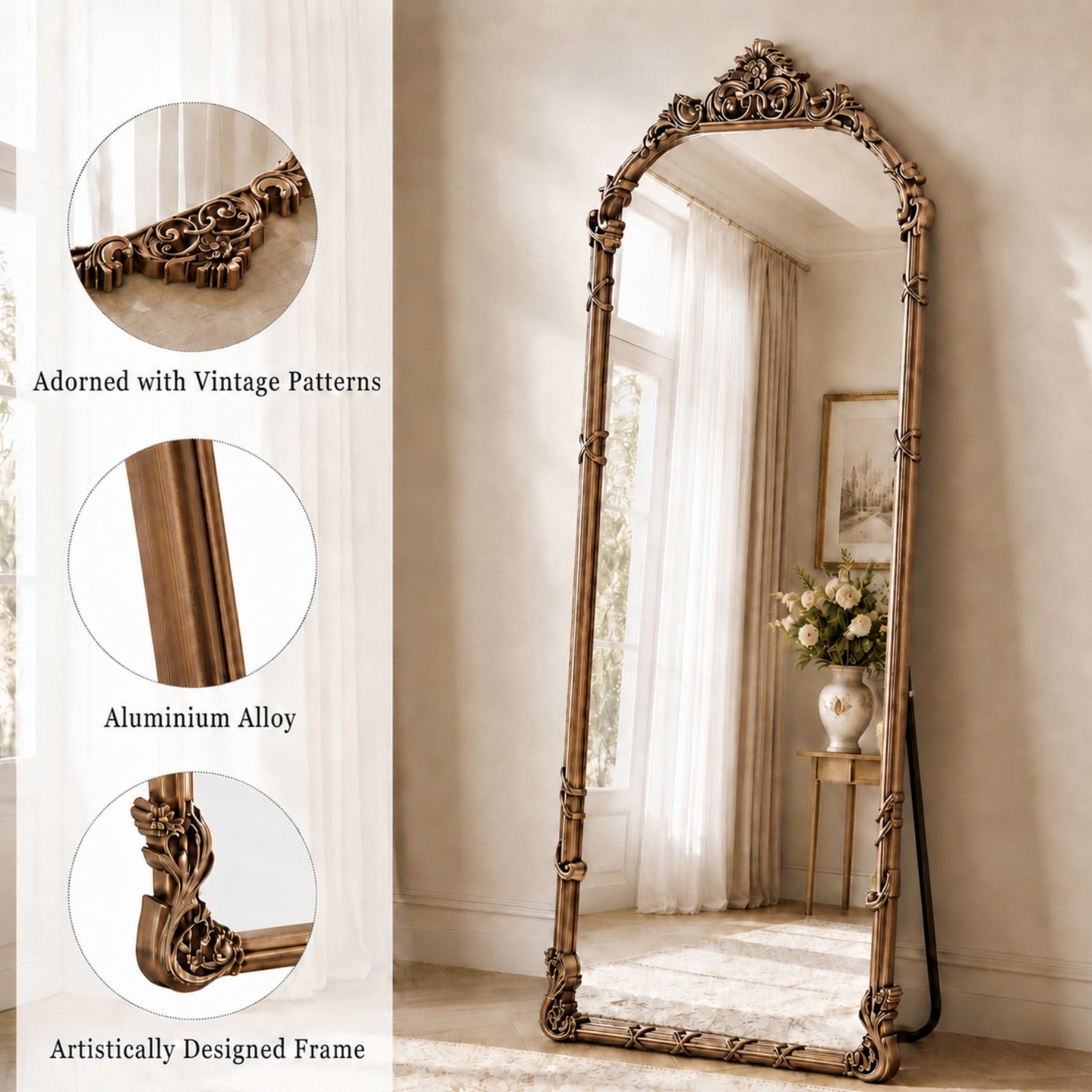 AUROMIR 69"x28" Arched Full Length Mirror Vintage Floor Mirror with Carved Patterns, Antique Bronze