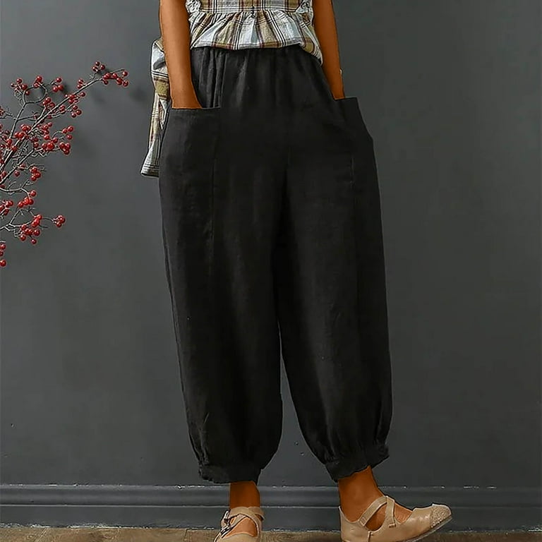 ARGUE■BREEZE LINEN MELLOW PANTS■BLACK Linen Wide Leg Pants for Women Summer Casual Elastic Waisted Pants