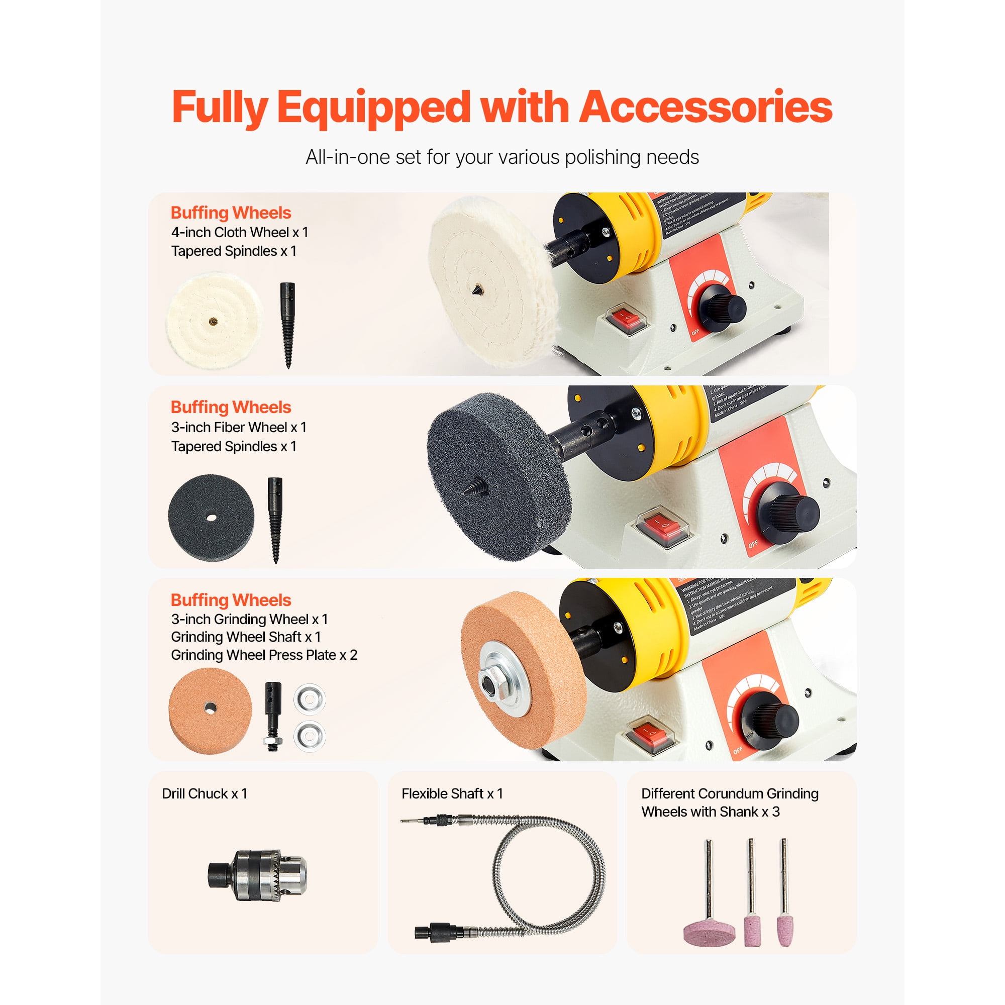 KFFKFF Bench Buffer Polisher, 1/2HP Polishing Machine, Adjustable 0-8000RPM Benchtop Grinder with 4" Cloth Wheel, 3" Grinding Wheel & 3" Fiber Wheel for Metal, Jewelry, Wood, and Plastic