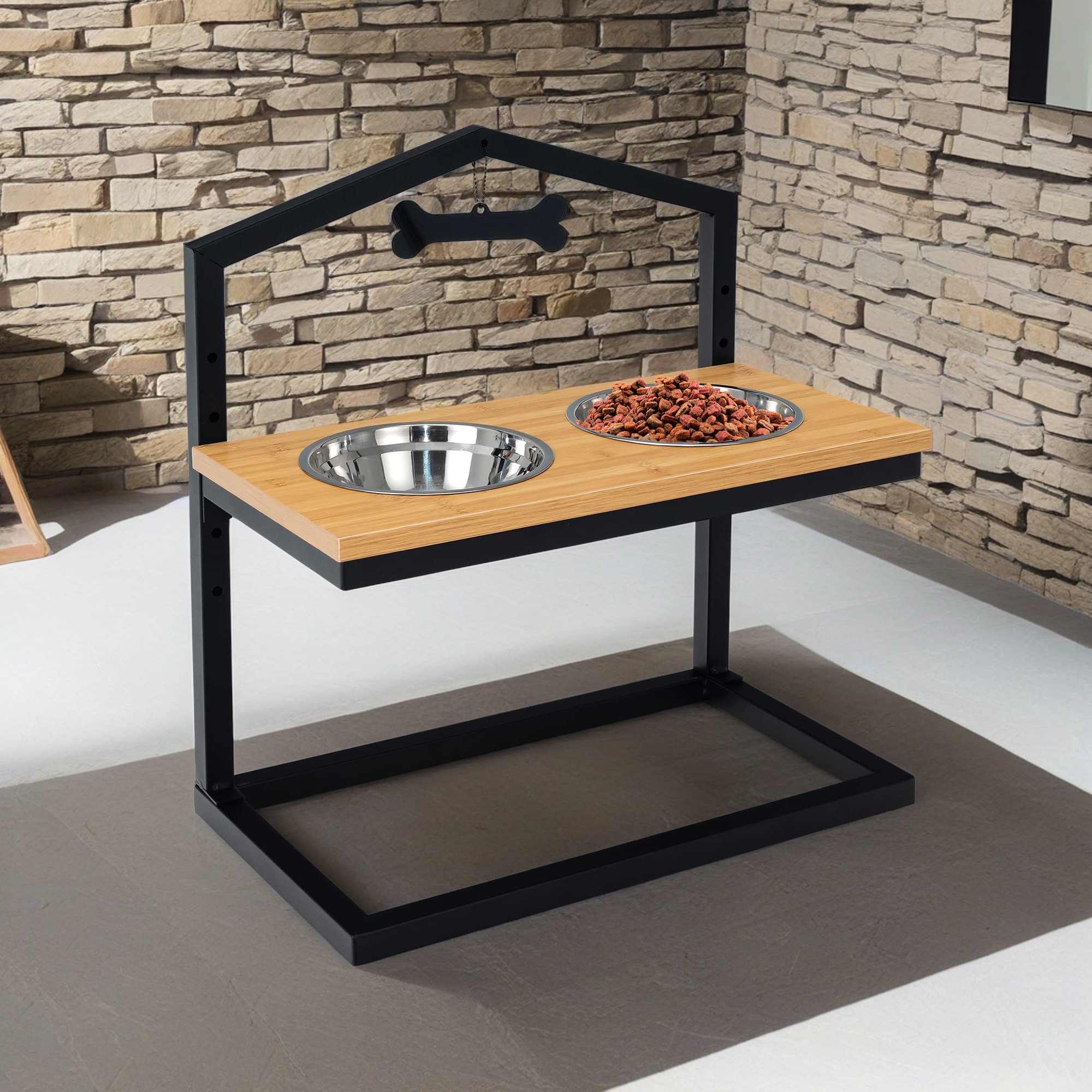 Kadyn 9"-17" Elevated Pet Feeder with 2 Stainless Steel Dog Bowl, Pet Food Bowls for Feeding Small Medium Dogs Cats Puppies, Beige
