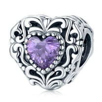 925 Sterling Silver Vintage Purple Stone Heart Charm for Women Charm Bracelet & Necklaces