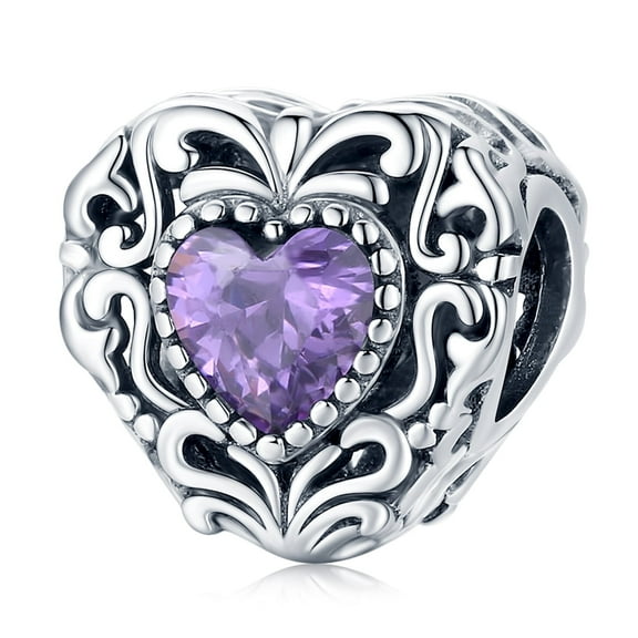 925 Sterling Silver Vintage Purple Stone Heart Charm for Women Charm Bracelet & Necklaces