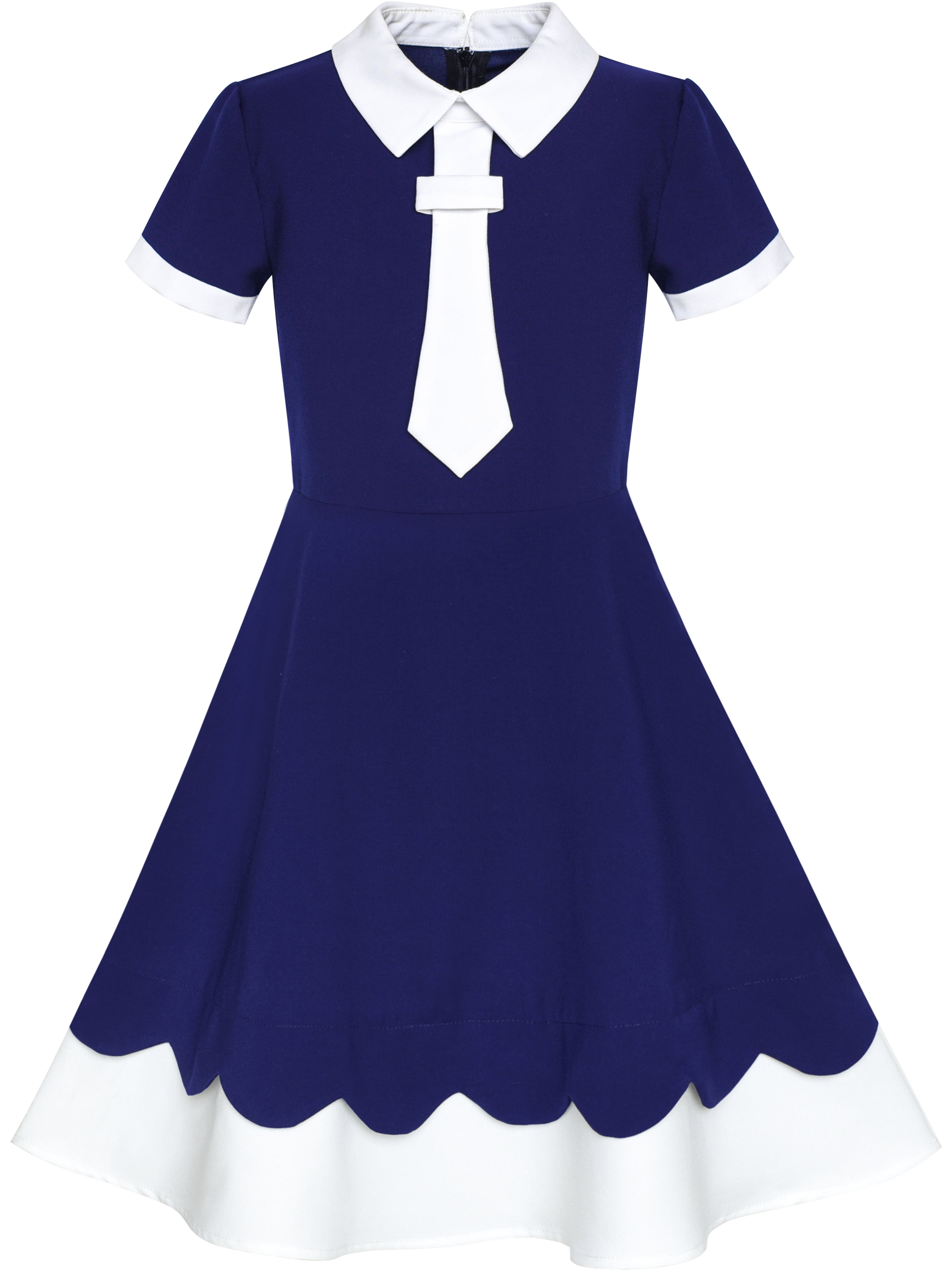 Girls Dress Back School Uniform Navy Blue White Collar Tie Short Sleeve ...