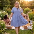 thumbnail image 3 of Agnes Orinda Women's Plus Size Gingham Dresses Tiered Crew Neck Short Sleeve Summer Casual Midi Plaid Dress 6X Dark Blue, 3 of 8