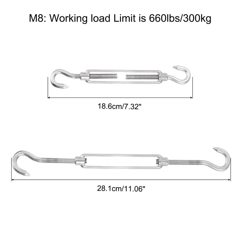 Tensor (Turnbuckle) De Acero Inoxidable M8 - Gancho Y Gancho - Pack De 2 - Para Cable, Cuerda O Cadena (Carga Máx. 5000 Lbs)