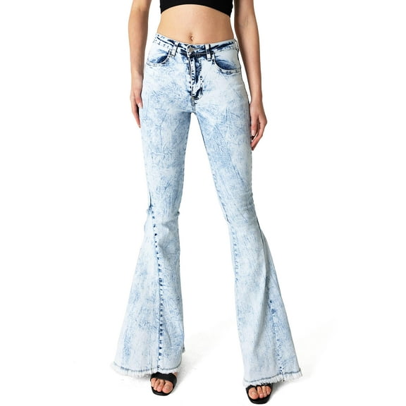 Saints & Hearts Womens Juniors High Rise 90s Acid Denim Wash Flare Jeans (Small, Light Denim)