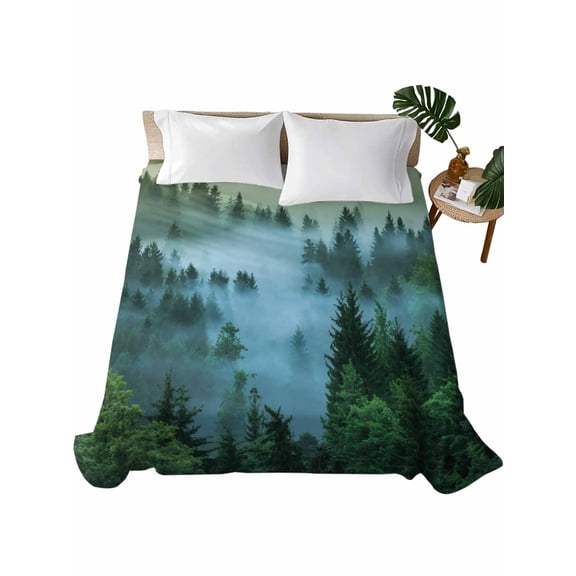 Queen Flat Sheet 90"x102", Mountain Soft Lightweight Bedding Flat Sheets Only, Forest Green Trees Modern Art Brushed Microfiber Top Bed Sheet, Breathable StainResistant Bedsheets