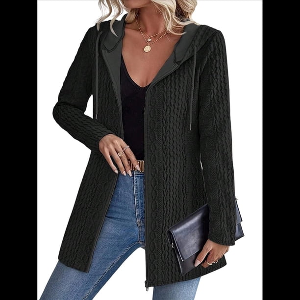 Abrigo de Invierno Elegante para Mujer, Cárdigan con Capucha, Mangas Largas y Cremallera, Otoño/Invierno Negro XXL