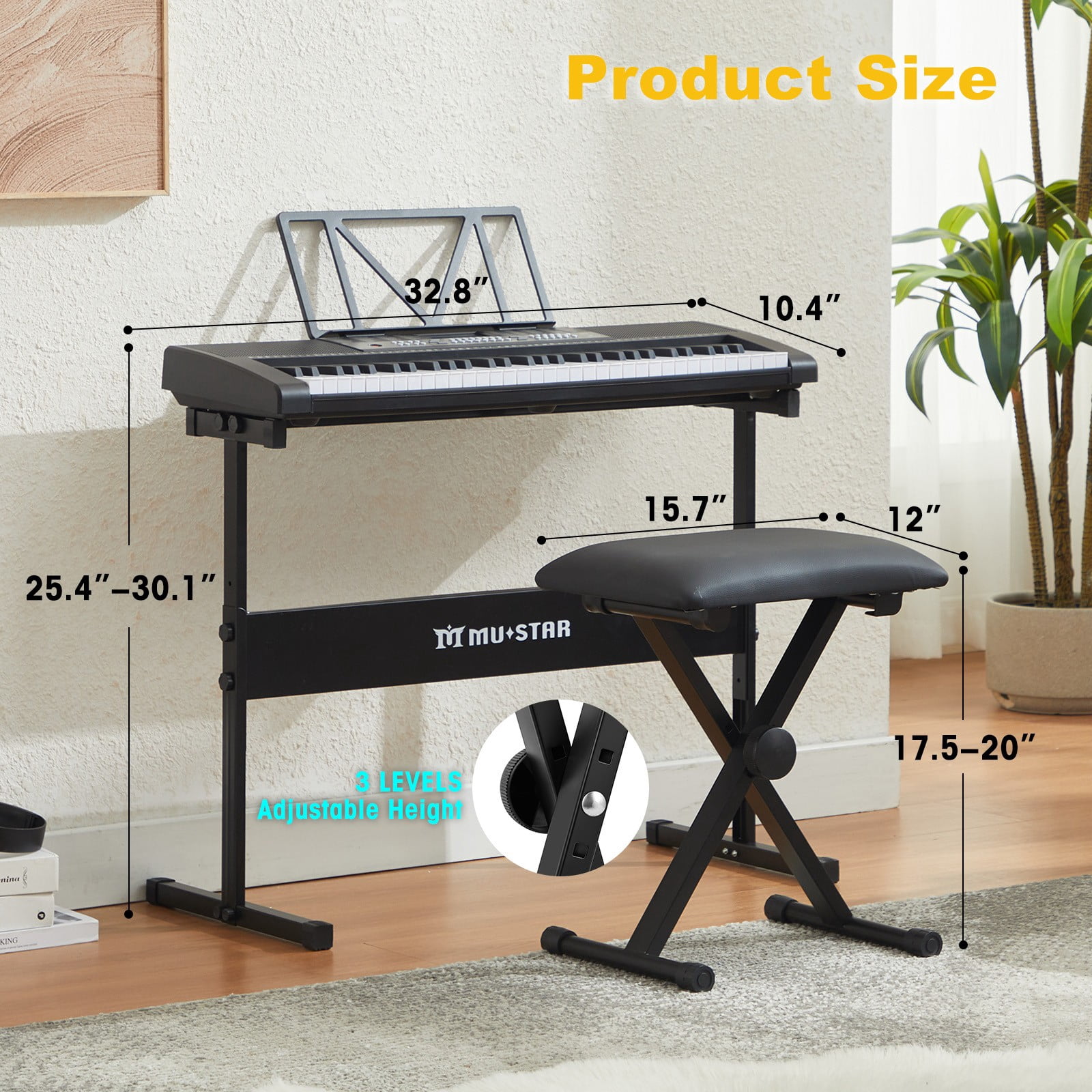 61 Keys Electric Piano Keyboards with Lighted Up Keys,255 rhythms,Bench,Stand,Headphone,Microphone(Black)