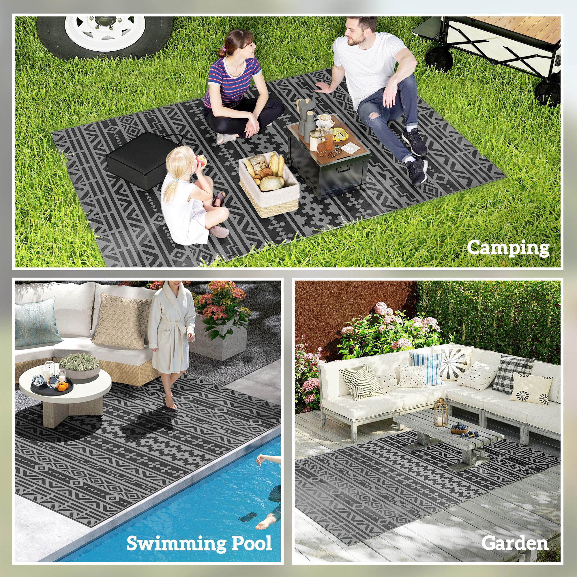 6' x 9' Black & Gray Geometric Wall Reversible Outdoor Rug, Waterproof Plastic Straw Patio Rug, Foldable Portable RV Camping Mat with Carry Bag