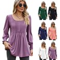 thumbnail image 4 of Tops para mujer Moda Imperio Cintura Cuello redondo Manga larga Color sólido Camisetas Casual Puños elásticos Blusa arrugas, 4 of 5