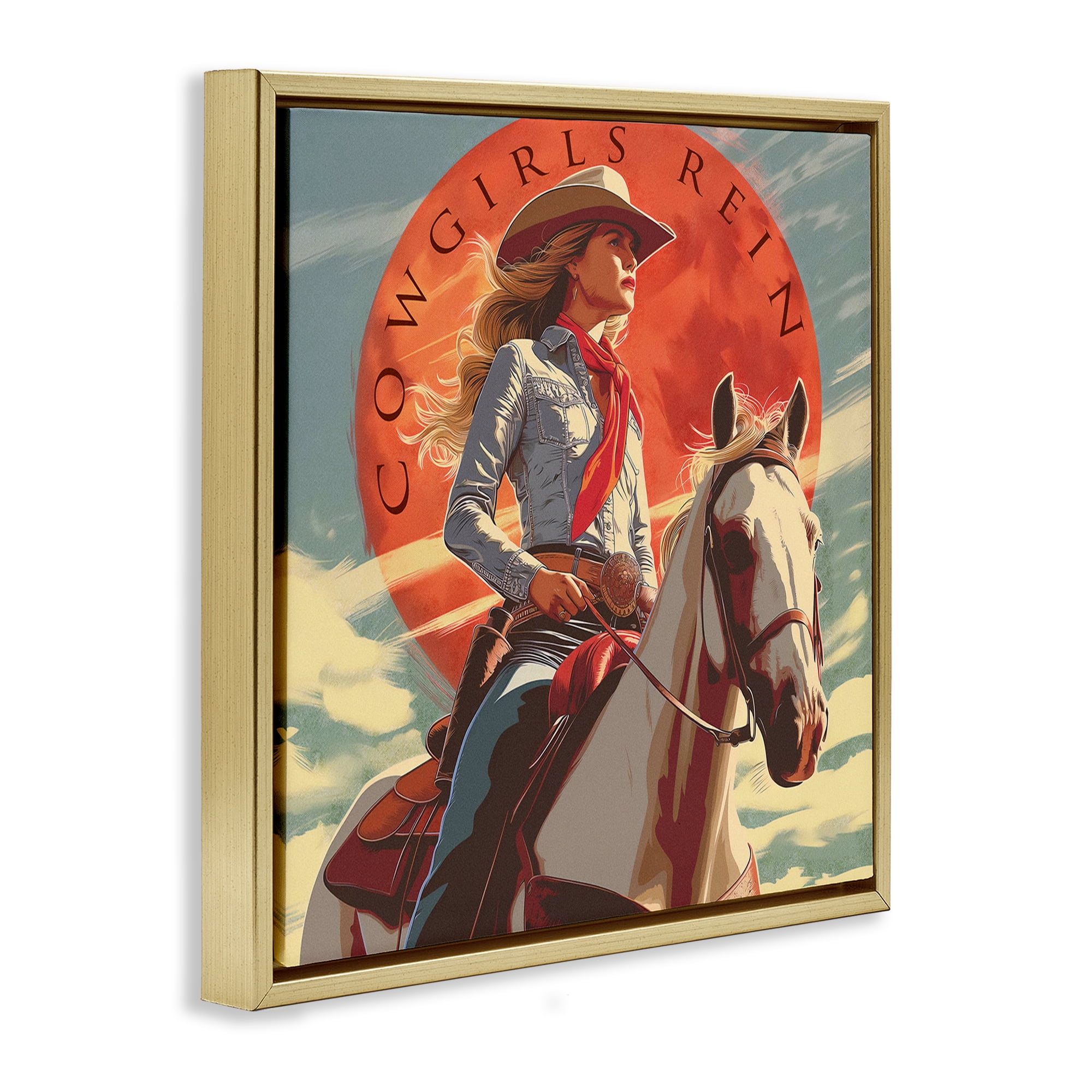 Stupell Industries Cowgirls Rein Portrait People Painting Gold Floater Framed Canvas Art Print Wall Art, 25 x 25