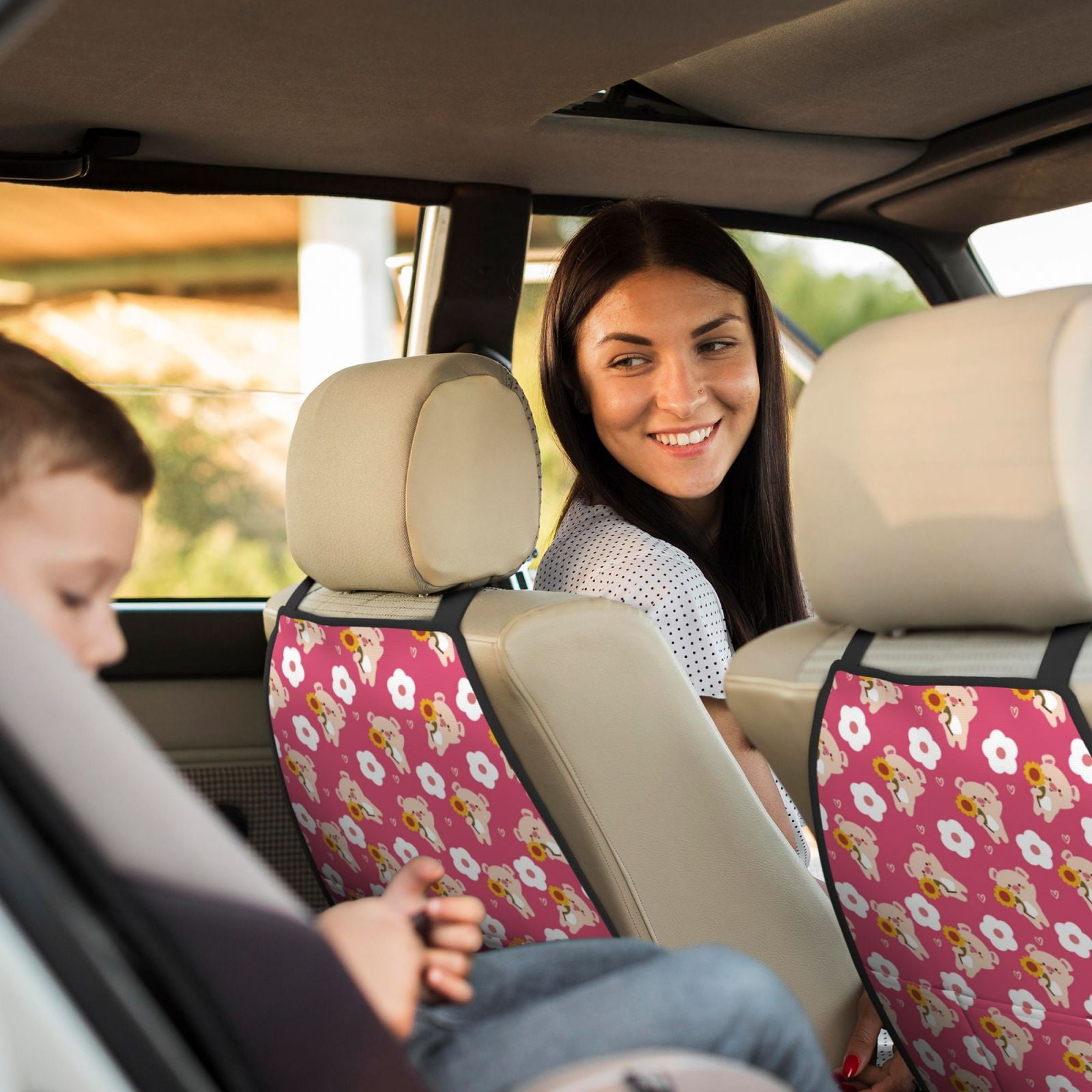 Xecao Piggy Sunflower Pattern Car Seat Back Protector 2 Pack Large Capacity Pocket, Kick Mats Back Seat Protector