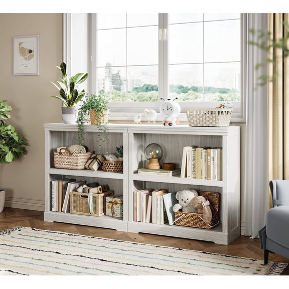 2-Tier Bookcase White Oak Wood Display Storage Shelves for Home Office Living Room