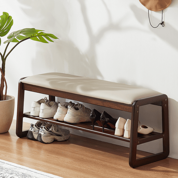 Ebenchico 39.4 inch Solid Wood Shoe Rack Bench for Entryway, 2-Tier Wooden Shoe Bench with Storage, PU Seat Cushion(Beige)