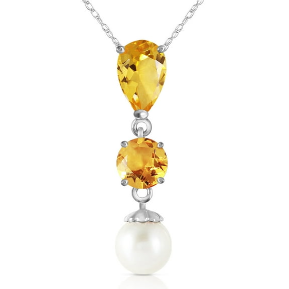 Galaxy Gold GG 14K White Gold Citrine and Pearl Pendant Necklace - November Birthstone - Warmth & Prosperity - 16" to 24" - Fine Jewelry for Women