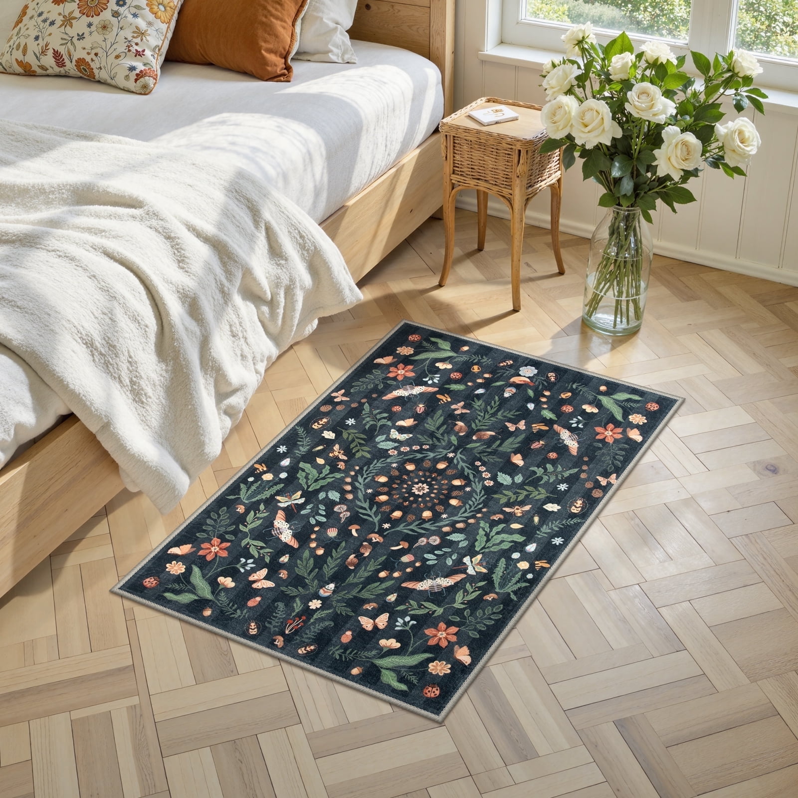 Wonnitar 2x3 Insect Floral Small Rugs for Entryway, Washable Black Boho Door Mat Indoor Entrance, Soft Non-Slip Indoor Carpet for Laundry Bathroom