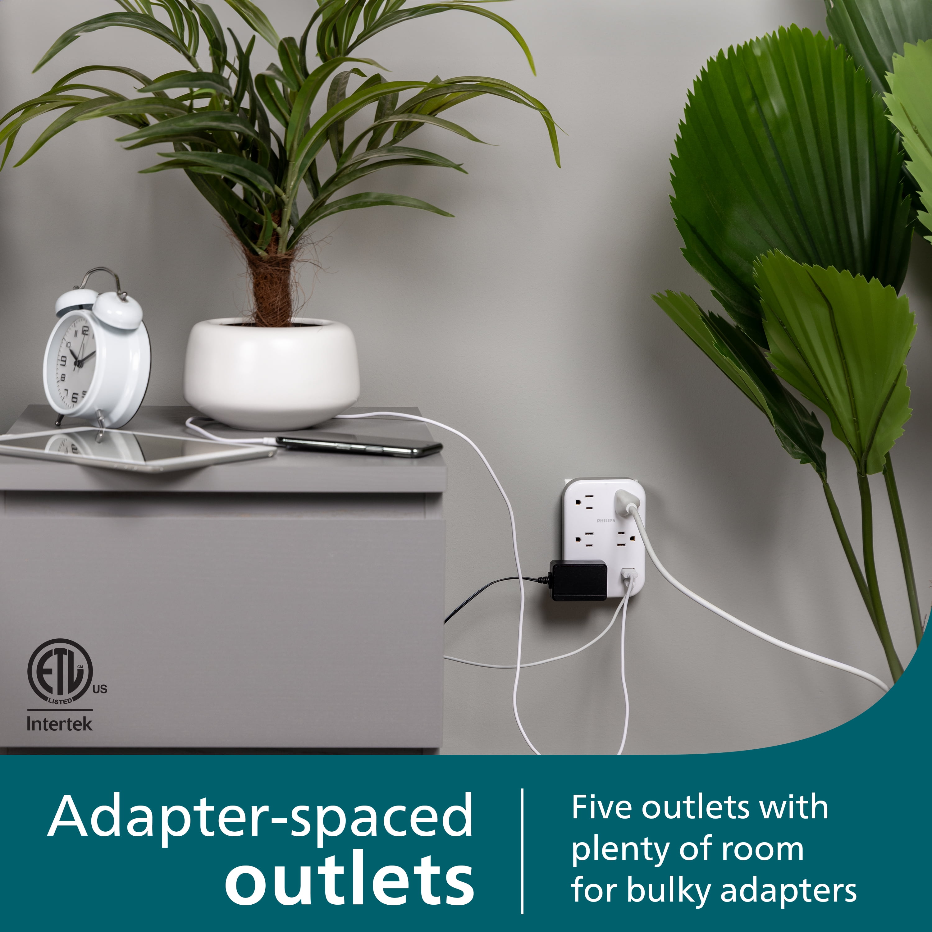 Philips 5 Outlet Surge Tap, Adapter Spaced, 1 USB-A, 1 USB-C, 17W, 900J, White
