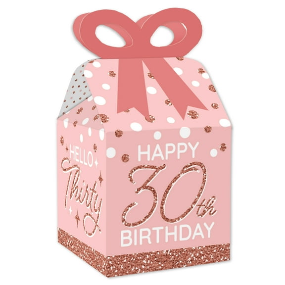 Big Dot of Happiness 30th Pink Rose Gold Birthday - Square Favor Gift Boxes - Happy Birthday Party Bow Boxes - Set of 12