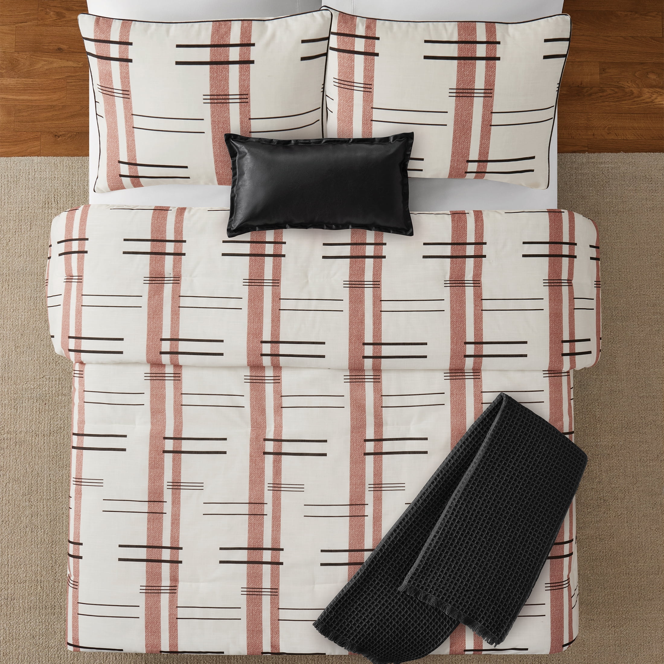 Mainstays Full/Queen 5-Piece All-Season Comforter Set, Red/Black Modern Dash