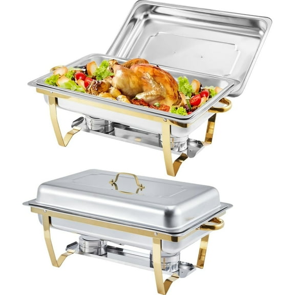 Chafing Dish Buffet Set 2 Pack, 8 Qt Stainless Steel Chafer Buffet Servers and Warmers Sets with Lid Folding Frame for Parties, Weddings, Catering Events
