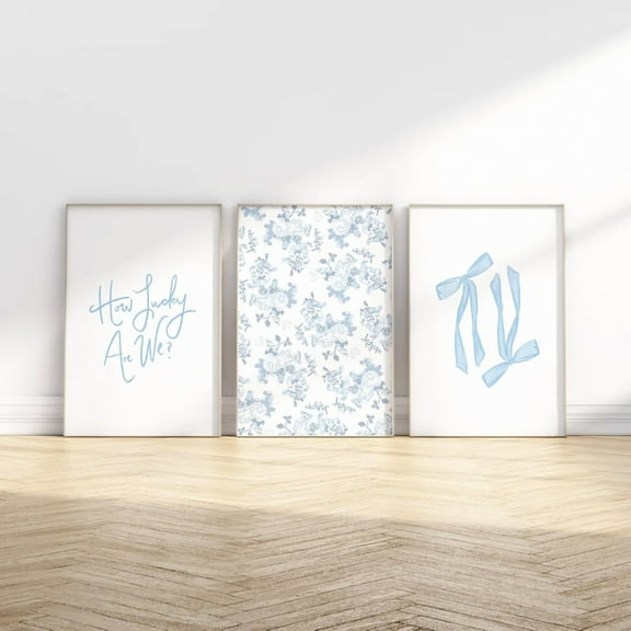 Blue Bow Wall Art Floral Canvas Wall Decor Coquette Flower Wall Art Trendy Aesthetic Poster Girly Preppy Pictures Blue Floral Prints for Living Room Bathroom 12x16 Inch Framed Set of 3