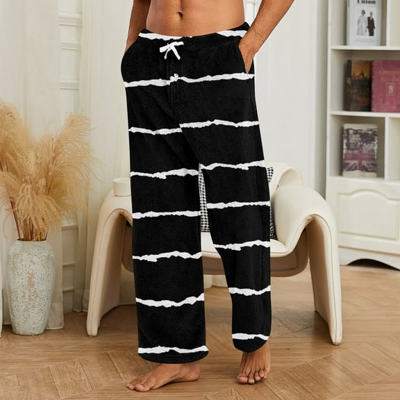Domuza Pajama Pants for Men Stripe Fleece Plush Casual Soft Pjs Trousers Comfy Loose Elastic Drawstring Wide-Leg Loungewear with Pockets Black 2XL