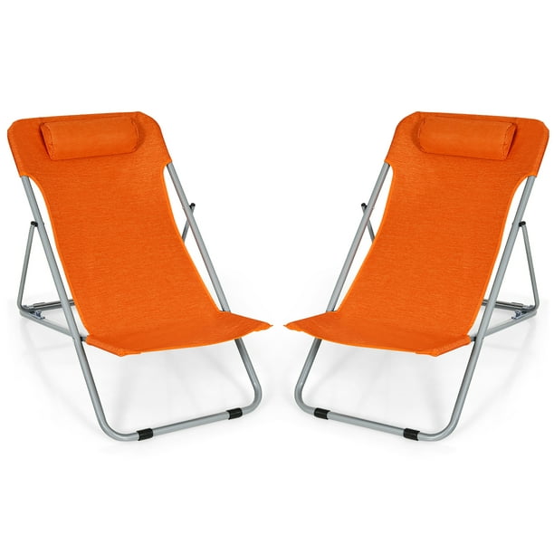 Costway Set de 2 Chaise de Plage Portable 3-Position Chaise Longue avec Appuie-Tête Orange