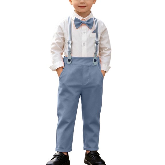QTBIUQ Toddler Boys Three-Piece Suit Set Cotton Turn-Down Collar Shirt and Suspender Pants Formal Outfit Set with Bow Tie