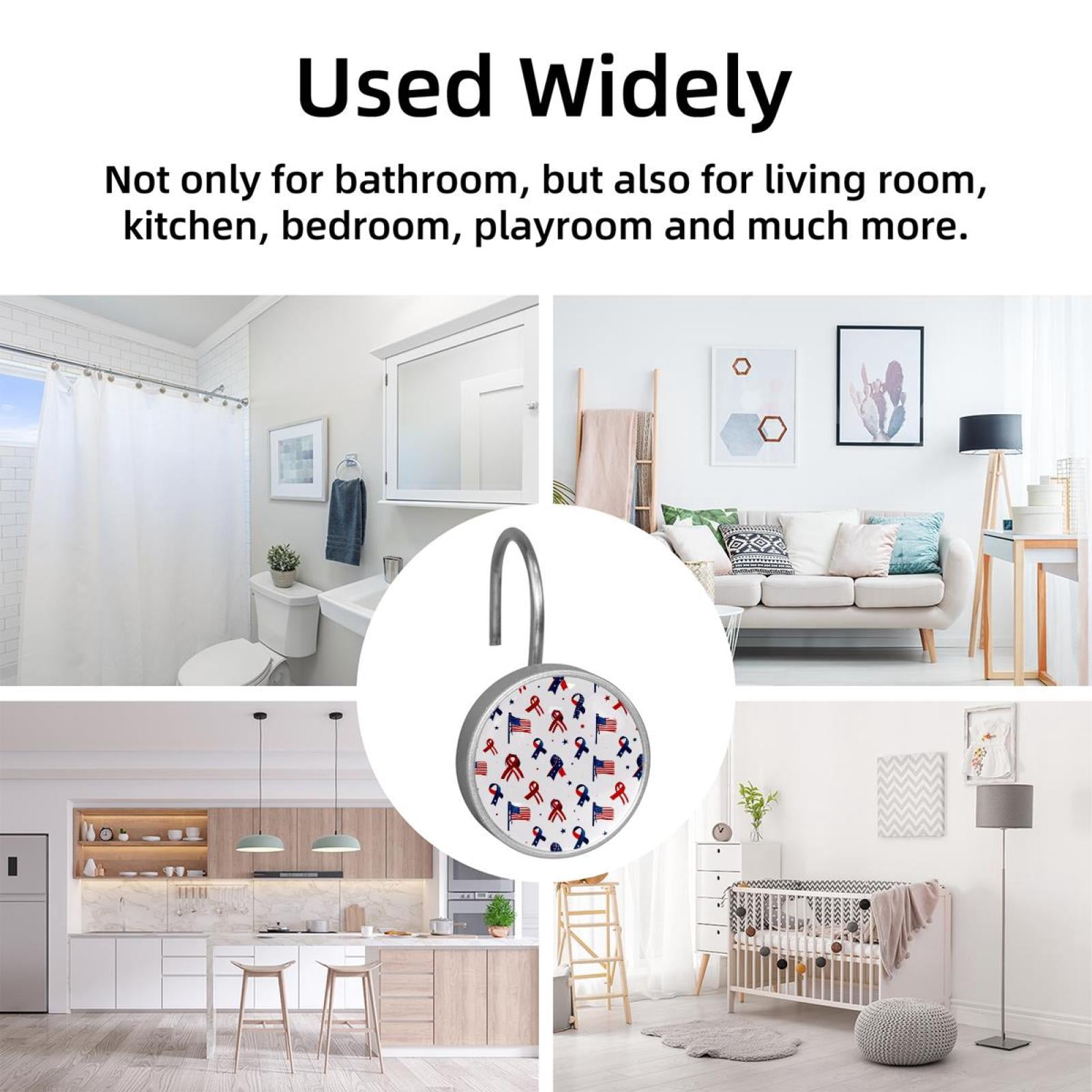 12pcs Decorative Shower Curtain Hooks, Rust Resistant Shower Rings for Bathroom Living Room,Rustproof Stainless Steel Rings for Shower Curtain and Liner Rods,4th of July Bows Flags