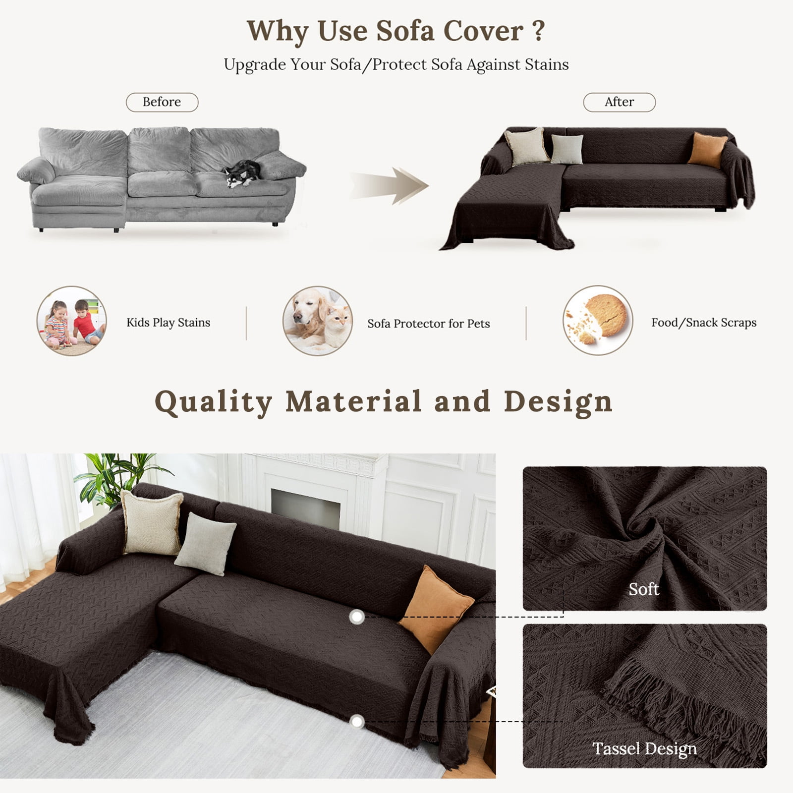Sanmadrola Washable Cotton Polyester Sofa Couch Sectional L Shape Slipcover, Brown