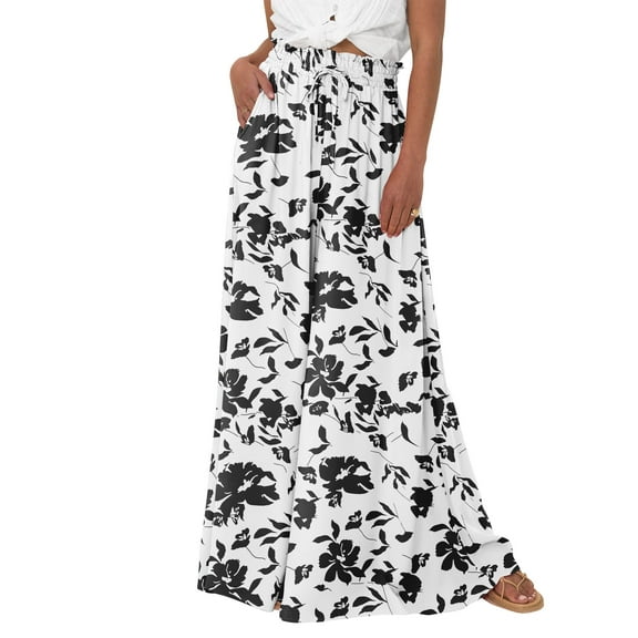 SWQZVT Womens Summer Wide Leg Palazzo Pants High Waisted Flowy Pockets Trendy Casual Lounge Boho Beach Trousers for Womens Clothes Lightweight Drawstring Adjustable Pants