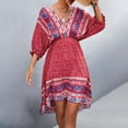 thumbnail image 2 of USSUMA Dresses For Women Party Casual,Women Bohemian Summer Dresses V Neck 3/4 Long Sleeve Ruffle Floral Flowy Boho Babydoll Mini Short Beach Dress, 2 of 7