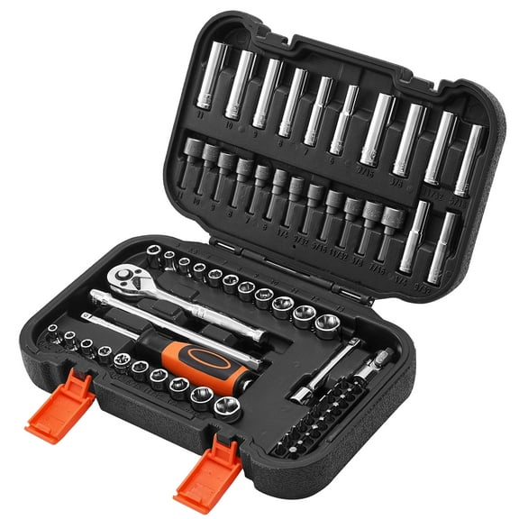 KFFKFF 70-Piece Socket Set, 1/4 Inch Drive Ratchet and Socket Kit, SAE and Metric Sizes, Includes Deep and Shallow Sockets, Bits, Accessories, and Storage Case, Made of CR-V Alloy Steel