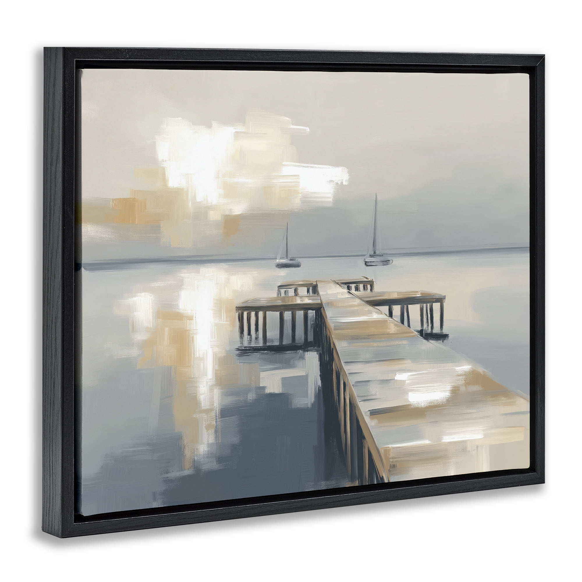 Stupell Industries Pier with Two Boats Seascape Black Framed Floater Canvas Wall Art, design by Kim Curinga