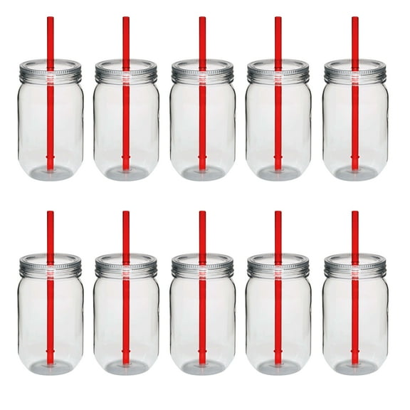 Plastic Mason Jars with Straw Set 24 oz. Set of 10, Bulk Pack - Jars for Overnight Oats, Candies, Fruits, Pickles, Spices, Beverages - Red