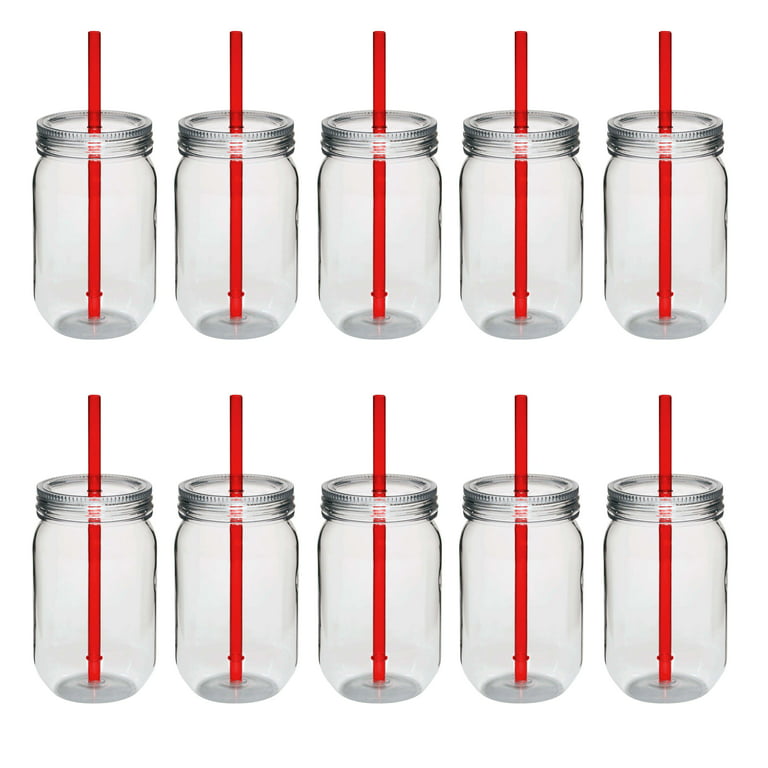 Plastic Mason Jars with Straw Set 24 oz. Set of 10, Bulk Pack - Jars for  Overnight Oats, Candies, Fruits, Pickles, Spices, Beverages - Red