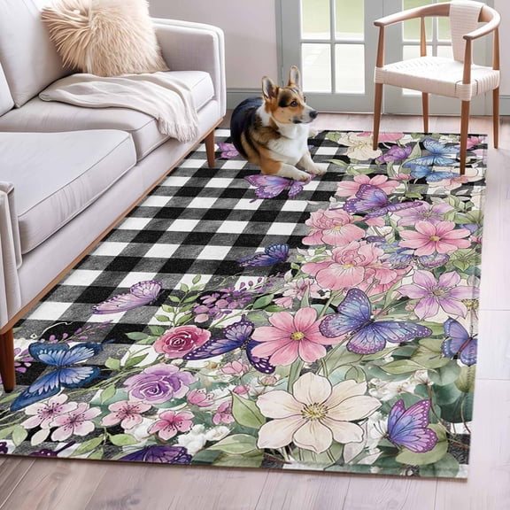 3'x5' Area Rugs, Spring Floral Indoor Outdoor Area Rug for Living Room Bedroom, Black White Checkered Farmhouse Butterfly Washable Bathroom Rugs Kitchen Floor Carpet Mats Home Decor Aesthetic