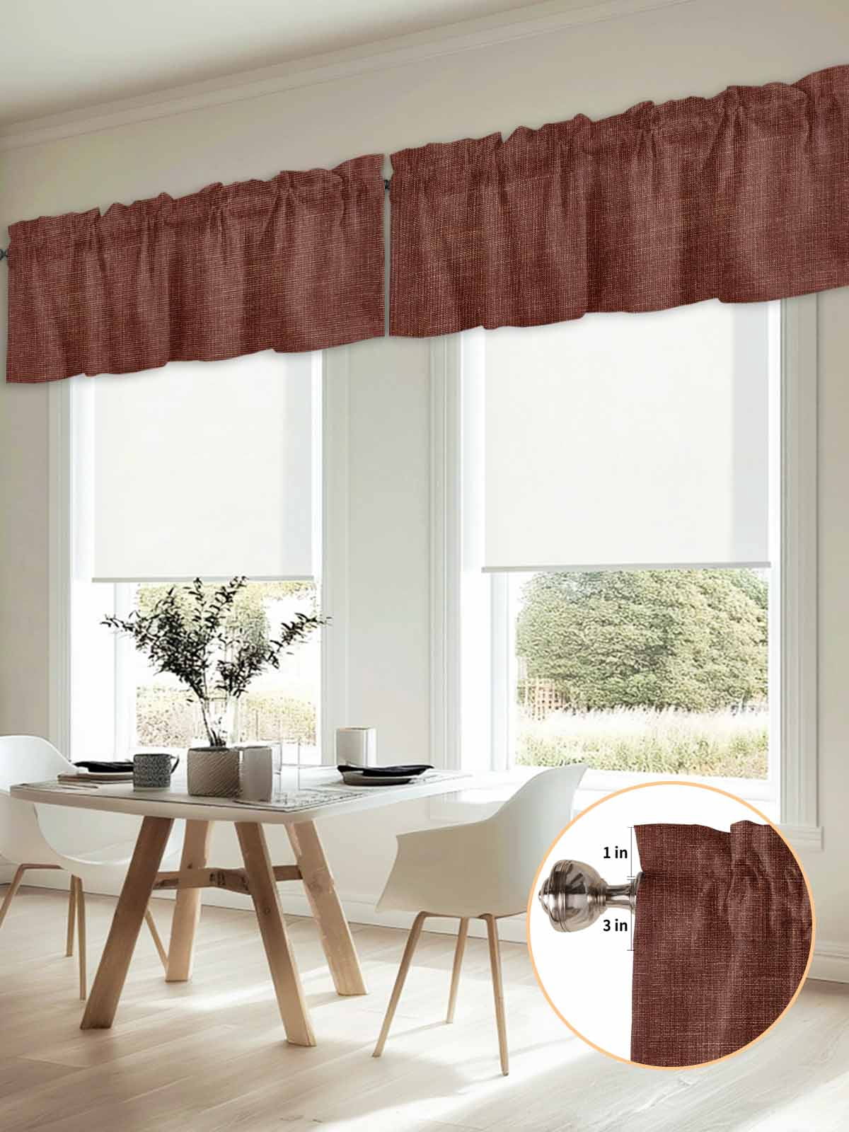 2 Panels Dark Brown Valance for Windows, Farmhouse Burlap Solid Brown Modern Linen Texture Light Filtering Kitchen Curtains, Rod Pocket Window Treatment Curtain Valances for Living Room, 42"x18"