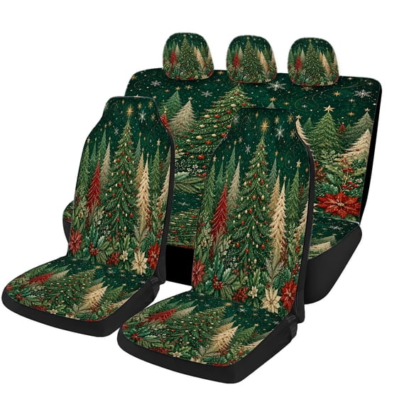 Verolix Green Holiday Decorated Pine Universal Car Seat Covers Full Set, Mesh Fabric Auto Seat Cover Set with Front Bucket, Rear Bench and Headrest Covers, Interior Decor for Cars SUVs Trucks Vans