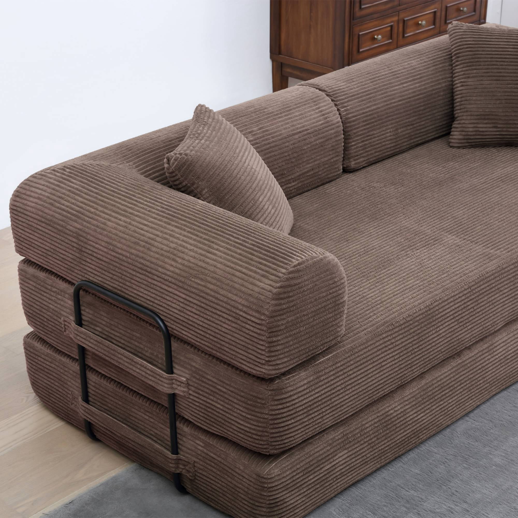 Convertible Sleeper Sofa Bed with Pillow, Corduroy Folding Mattress Floor Sofa Lounge Couch for Living Room, Bedroom, Brown