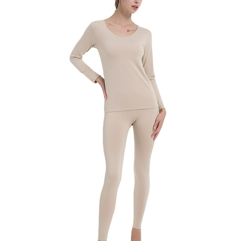 Frontwalk Women Top And Bottom Suits 2 Pieces Long Johns Set Sleeve Thermal  Underwear Spring Stretchy Solid Color Beige XXL