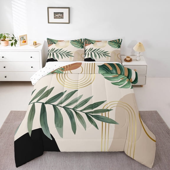 Manfei Green Monstera Palm Queen Comforter Set,Tropical Botanical Leaves Bedding Sets,Modern Minimalist Aesthetic Bedding Comforter Set For Kids,Super Cozy Room Decor Reversible,3-Piece