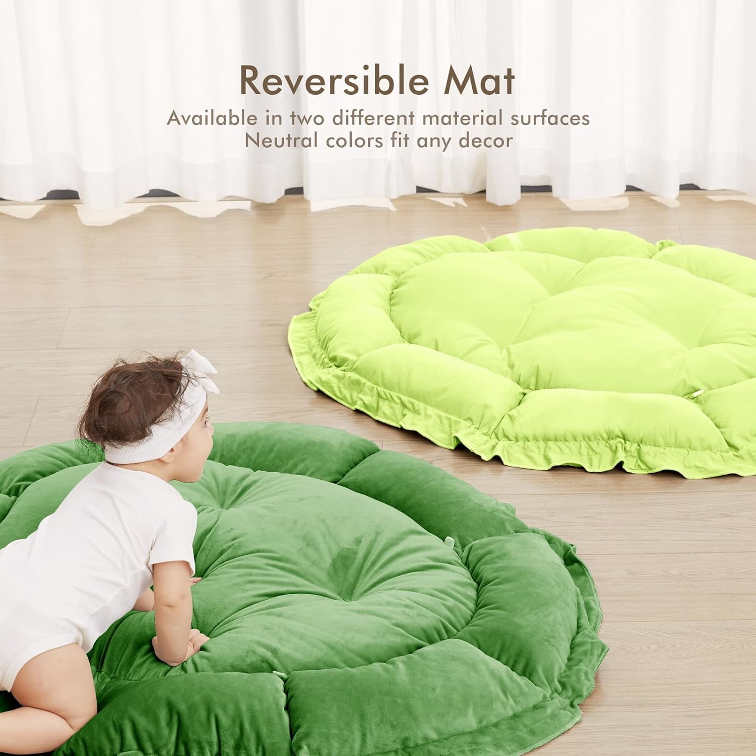 5 in 1 Baby Play Gym Mat, Reversible Tummy Time Mat with 5 Sensory Toys for Stage-Based Developmental, Thick & Large Baby Activity Center from Newborn to Toddler (Green)